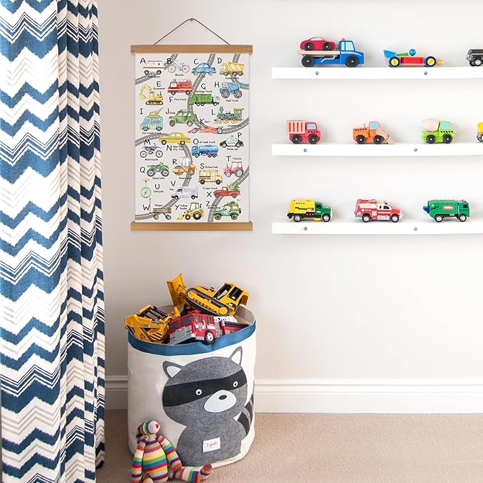KAIRNE Transport Alphabet Poster With Wood Magnetic Hanging Framed(35CMx56CM) School Bus Vehicle ABC prints,Construction Boys Room Wall Art,Inspirational Truck Car Pictures for Boys Playroom Decor