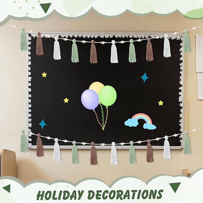2 Pcs Tassel Garland with Wood Beads, Handmade Cotton Yarn Wall Hanging Banner Boho Tassel Wall Hanging Party Decor for Nursery, Birthday Baby Shower Home Classroom Decoration(Earth Tones)