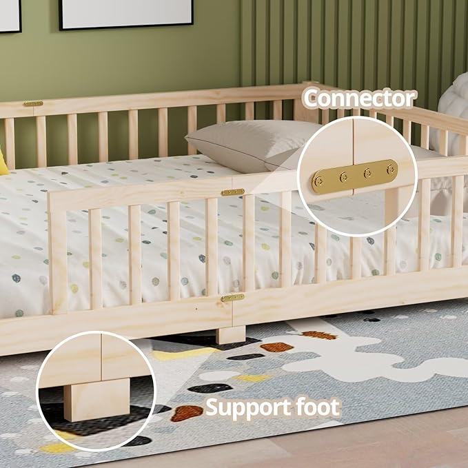 LLS Queen Floor Bed for Kids Toddlers, Solid Wood Multifunctional Montessori Bed Frame with Safety Guardrails, Without Door, Easy Assemble,Natural