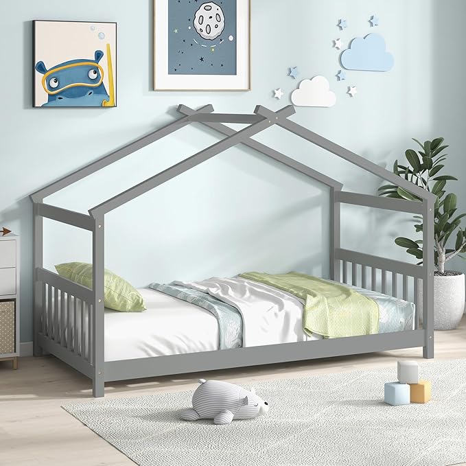 Giantex House Bed Twin, Solid Wood Kids House Bed with Roof, Headboard and Footboard, Low Floor Twin Bed Frame for Toddlers Teens Girls Boys, No Box Spring Needed, Grey