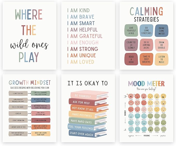UNXIS Growth Mindset Poster Positive Affirmations Wall Decor It Is Ok To Be Yourself Canvas Wall Art Calming Corner Strategies Chart 8x10in Set of 6 Unframed for Boy Girl Baby Children's Room
