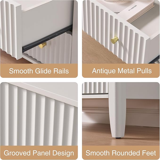 Fluted Nightstand with Charging Station Set of 2, 21" Wide Modern Bedside Table with 2 Drawers & Open Shelf, Wood End Table with Storage & Metal Handle for Bedroom, Small Spaces, Cream White