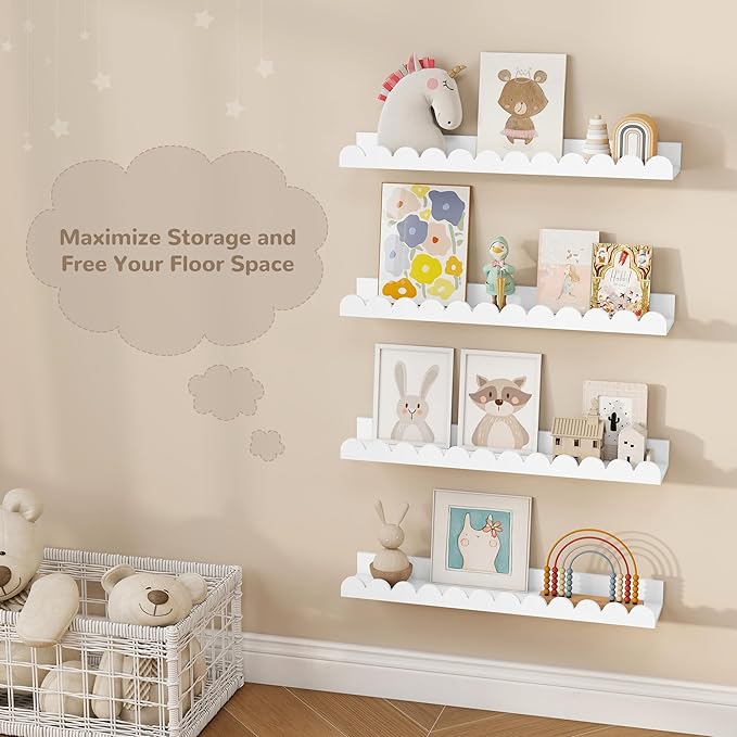 Fun Memories 24 Inch White Nursery Book Shelf, Scalloped Picture Ledge for Wall, Set of 4, Floating Shelves for Toddler Room, Kids Rooms, Bedroom