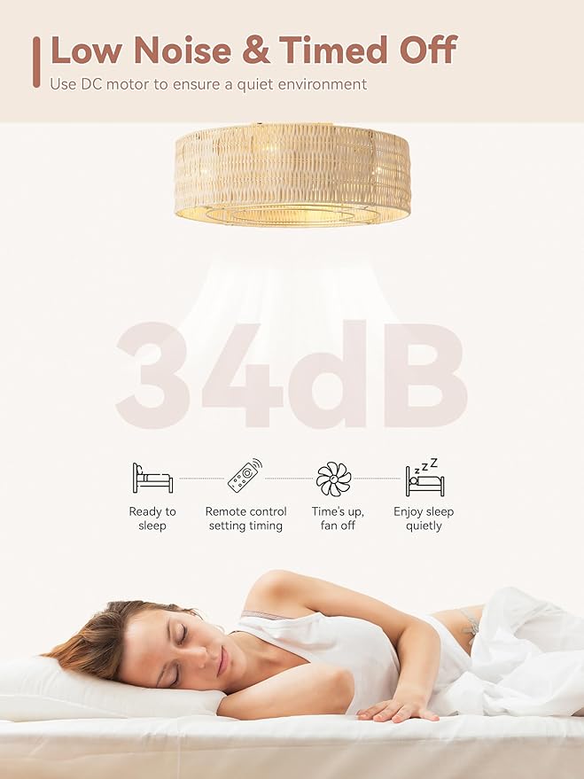 Low Profile Ceiling Fans with Lights, 20" Boho Rattan Ceiling Fan with Light Flush Mount and Remote Control, Drum Caged with 6 Speeds for Bedroom, Nursery, Living Room (Beige)