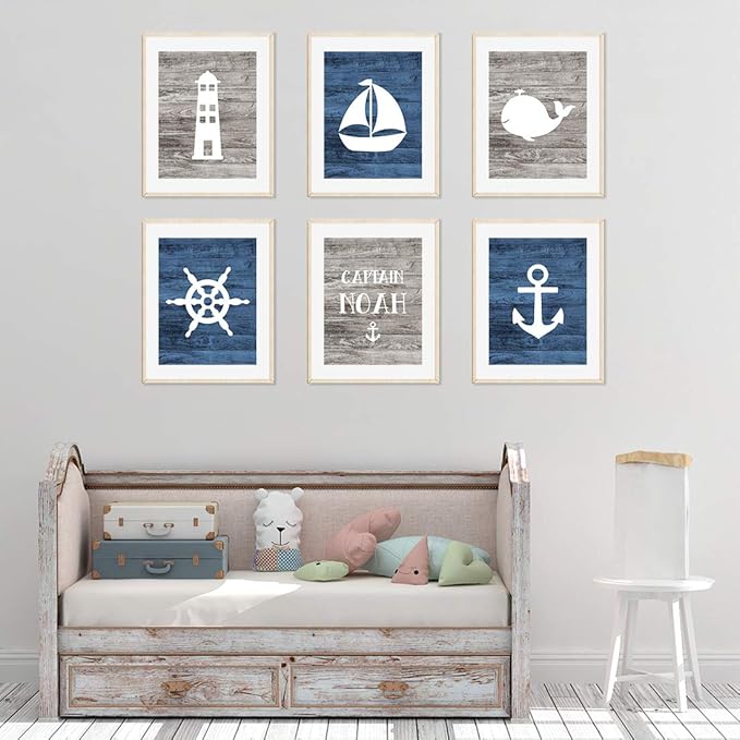 Andaz Press Personalized Ocean Nautical Sailor Theme Nursery Kids Bedroom Hanging Wall Art Decor, 8.5x11-inch, Rustic Distressed Blue Wood, Anchor, 6-Pack, Custom Name Unframed Room Poster