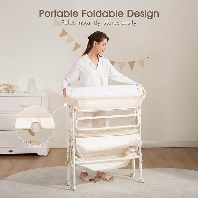 Maydolly Baby Changing Table, Portable Foldable Changing Table, Waterproof Diaper Changing Station, Adjustable Height Changing Station, Mobile Nursery for Newborn and Infant (Beige Without Drawer)