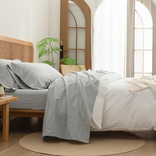 BESTOUCH Sheet Set 100% Washed Cotton Linen Feel Super Soft Comfortable Chic Lightweight 4 Pcs Home Bedding Set Solid Northern Droplet Grey Cal King
