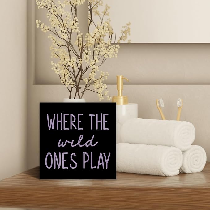 Where The Wild Ones Play Black Purple Wood Box Sign Desk Decor 5X5, Nursery Kids Room Wooden Block Sign Decorations for Playroom Toddler Room Wall Tabletop Shelf Decor