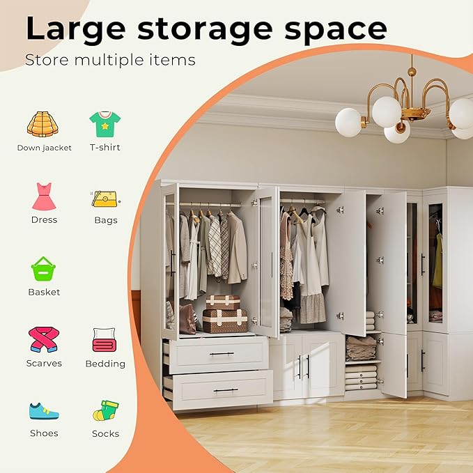 White Armoire Wardrobe Closet with 7 Door: Wood Wardrobe Closet Cabinet with Mirror Combination Corner Cabinet Wooden Bedroom Armoire with Hanging Rods for Home/Bedroom/Office