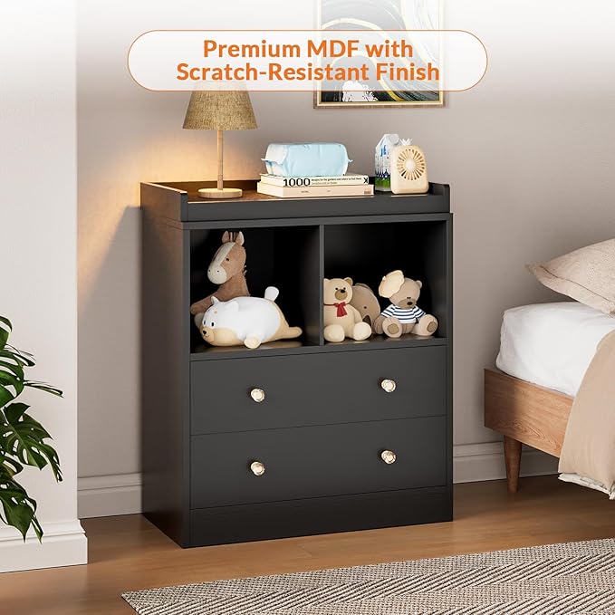 Modern 2-Drawer Nursery Changing Table with Media Shelves, Black Baby Dresser with Crystal Knobs, Multi-Purpose Diaper Station Storage Organizer for Infant Room, Anti-Tip Safety Design