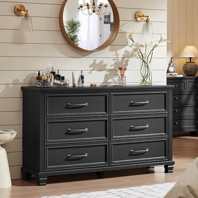 Farmhouse Wood 6 Drawer Dresser Set of 2, 54 inch Wide Large Vintage Chest of Drawers for Bedroom, Rustic Dressers TV Stand with Square Solid Wooden Legs for Living Room, Hallway, Black