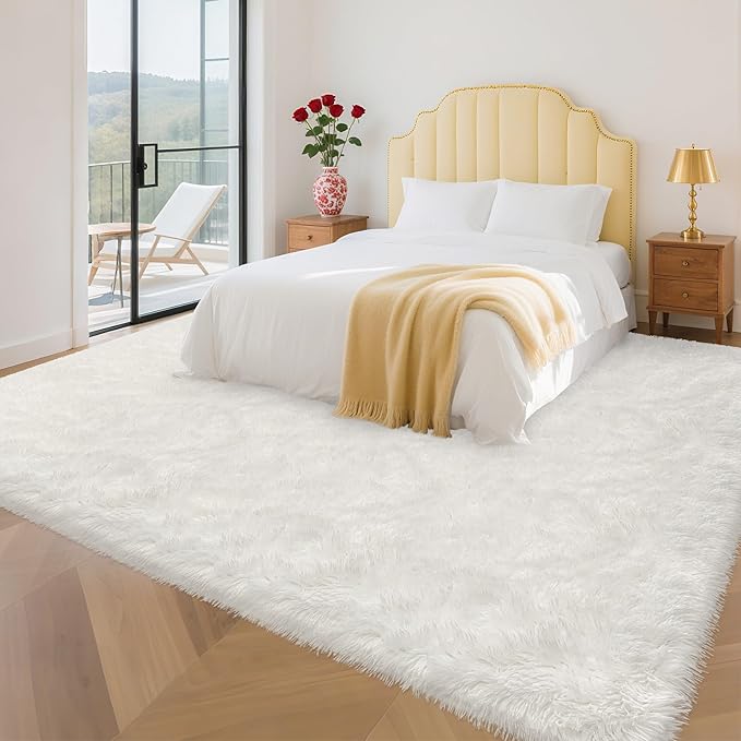 Fluffy White Area Rug for Living Room Bedroom Large Plush Area Rug 6x9 Shag Carpet for Kids Girls Boys Room, Soft White Fuzzy Rug for Nursery Playroom Dorm Bedside Home Decor Indoor
