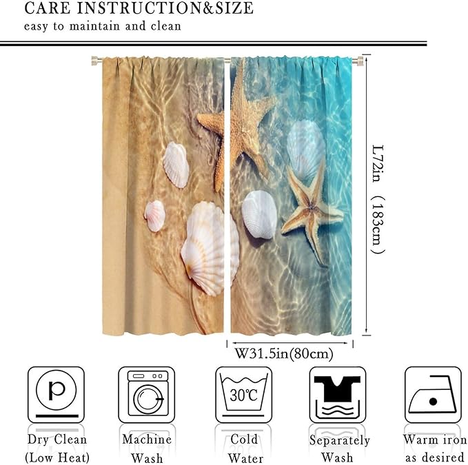 Beach Curtain for Bathroom Decor，Sea Turtle Starfish Seashell Nautical Ocean Coastal Scenery Art Printed Fabric Polyester Waterproof Set 2 Panels,63x72 Inches
