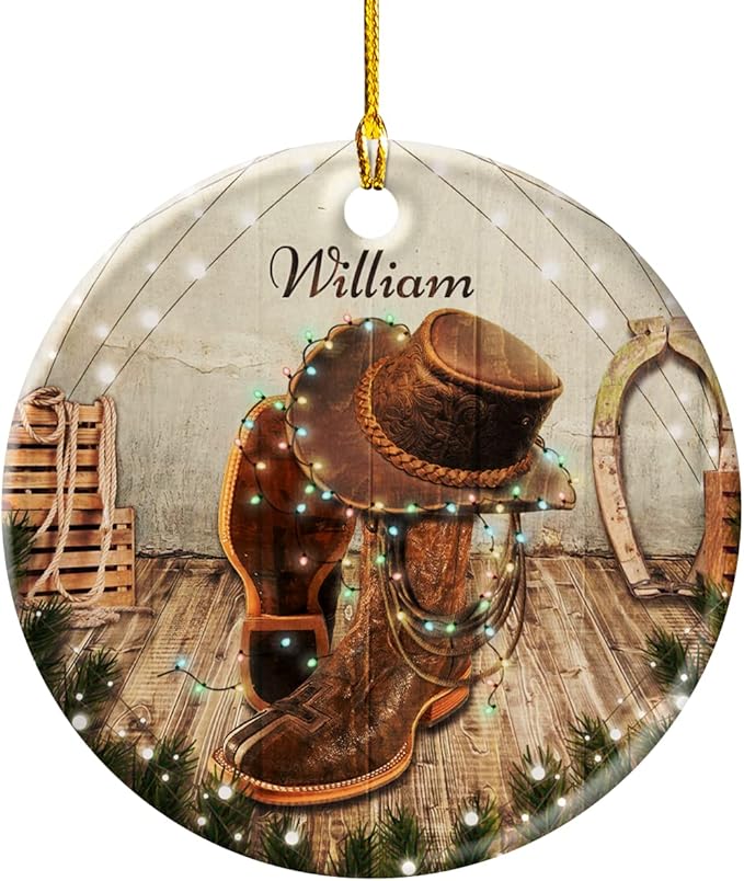 wowcugi Cowboy Ornament for Christmas Tree Custom Name Customized Western Ornaments Ceramic Cowboys Boots Ornaments Xmas Tree Decoration Keepsake Gifts for Men Boys