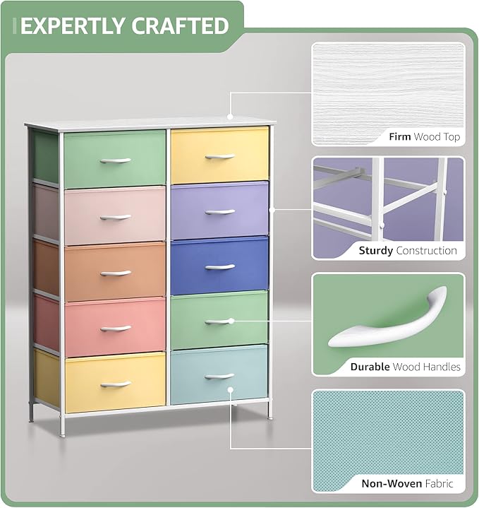 Sorbus Kids Dresser with 10 Drawers - Storage Unit Organizer Chest for Clothes - Bedroom, Kids Room, Nursery, & Closet - Steel Frame, Wood Top & Handles, and Easy Pull Fabric Bins