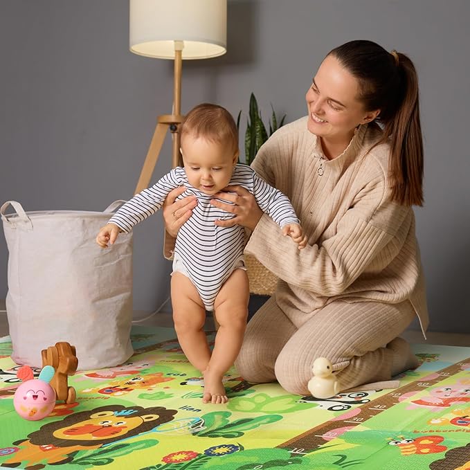Mergren Foldable Baby Playmat 79"x51"x0.4", Reversible, Double-Sided Crawling Foam Mat for Infants and Toddlers - BPA-Free, Non-Toxic, Anti-Slip,Portable Folding - Indoor and Outdoor Use