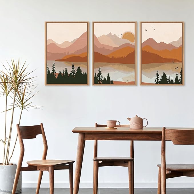 HLNIUC Boho Mountain Burnt Orange Wall Art Framed, Mid Century Modern Terracotta Wall Decor 24x36, Southwest Sunset 3 Piece Canvas Painting, Large Nature Picture for Living Room, Bedroom, Office