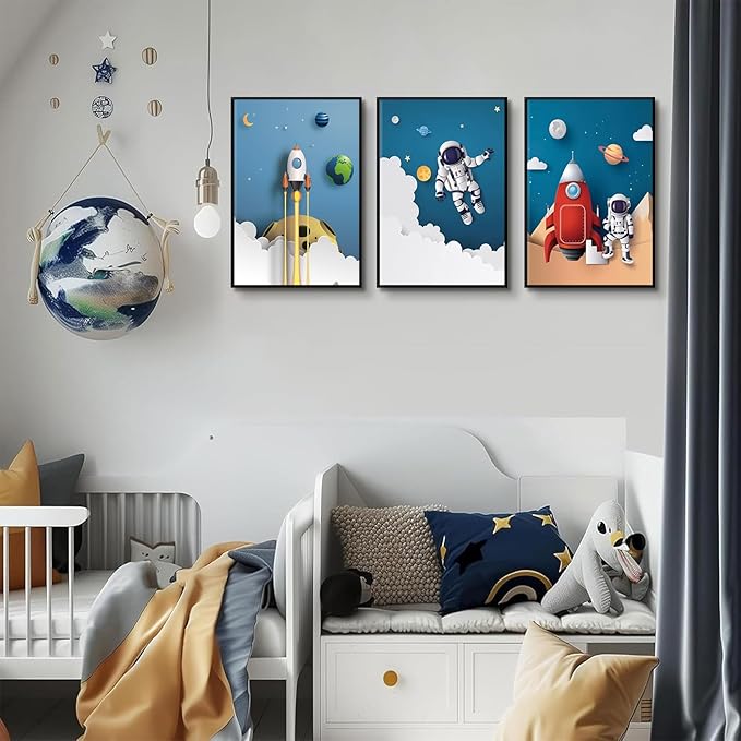 3Pcs Astronaut Canvas Wall Art Nursery Space Adventure Wall Decor Whimsical Space Themed Posters Artwork Rocket Spaceship Prints Pictures for Kids Room Boys and Girls Bedroom (12x16in Poster)