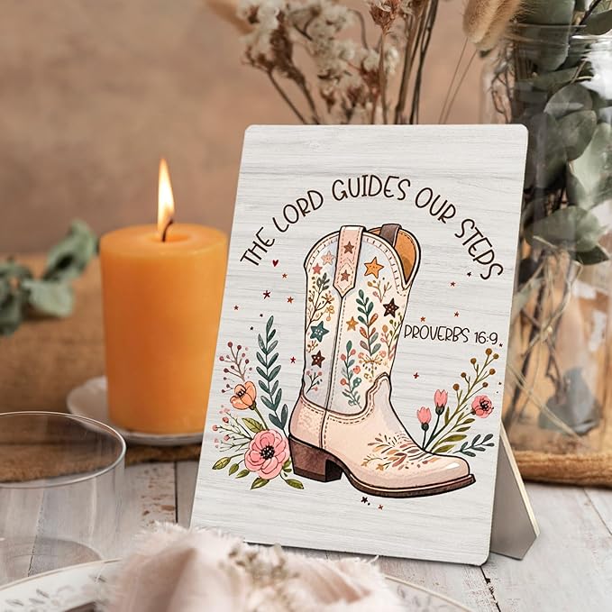 Western Christian Sign, Proverbs 16:9 Bible Verse Floral Cowgirl Boot Wooden Stand Sign 5x7 Inch, Western Religious Decorations for Girls Bedroom Dorm Home Church Desk Table Decor