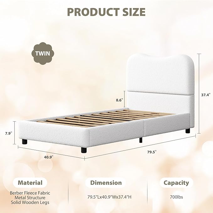 Senfot White Twin Kids Bed Frame with Upholstered Headboard, Low Profile Sturdy Platform Bed with Soft Boucle Fabric for Girls and Boys, Heavy Duty, Wooden Slats, Noise Free, No Box Spring Needed