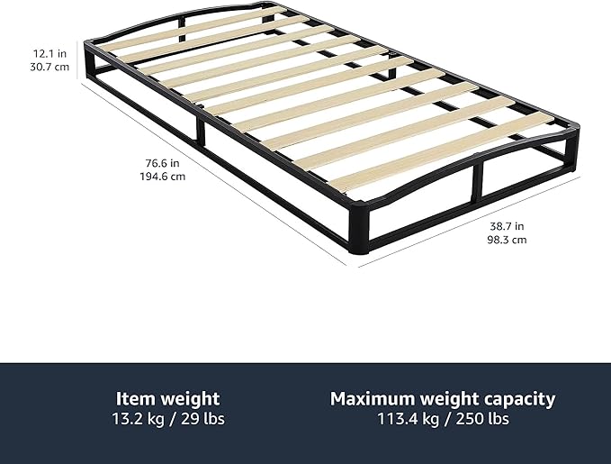 Amazon Basics Metal Platform Bed Frame, with Wood Slat Support, 10 inches High, Twin, Black