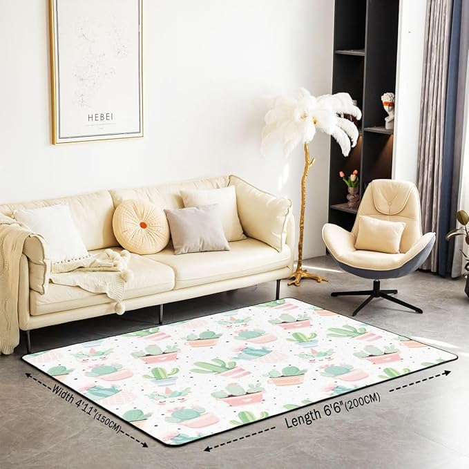jejeloiu Cute Cactus Decorative Carpet Area Rug 4x5 Kids Boys Girls Green Botanical Living Room Rugs for Bedroom Area Rug 4x5 Carpet Kitchen