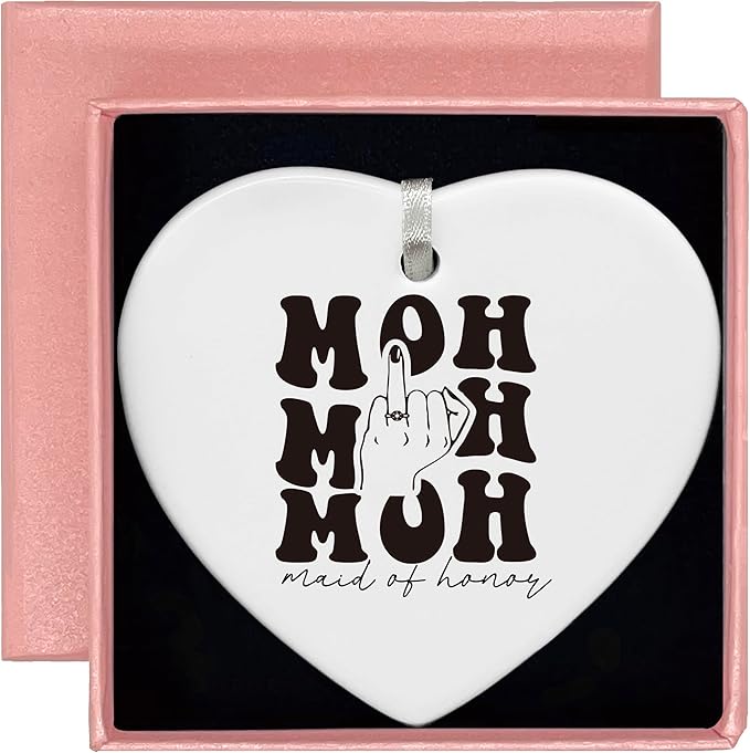 Heart Shaped Christmas Ornament-Maid of Honor Proposal Gift from Bride-Wedding Bachelorette Party Present for Besties Friends Women-Ceramic Ornament Keepsake Decor Gift