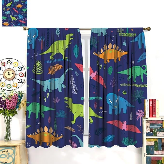 Dinosaurs Blackout Curtains Cute Cartoon Animals Dino Tropical Plant Colorful Art Print for Kids Boys Bedroom Living Room Rod Pocket Decoration Window Drapes 2 Panels W36xL63in