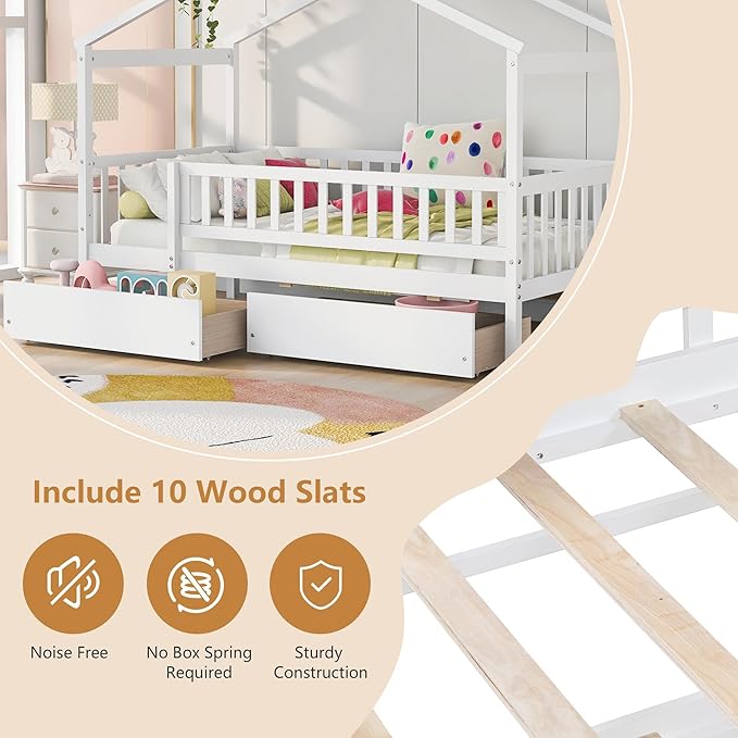 Aoowow Twin Size House Bed with Storage Drawers,Kids Wooden Bed Frame Twin House Bed with Slats and Fence for Boys Girls Teens for Bedroom(White)