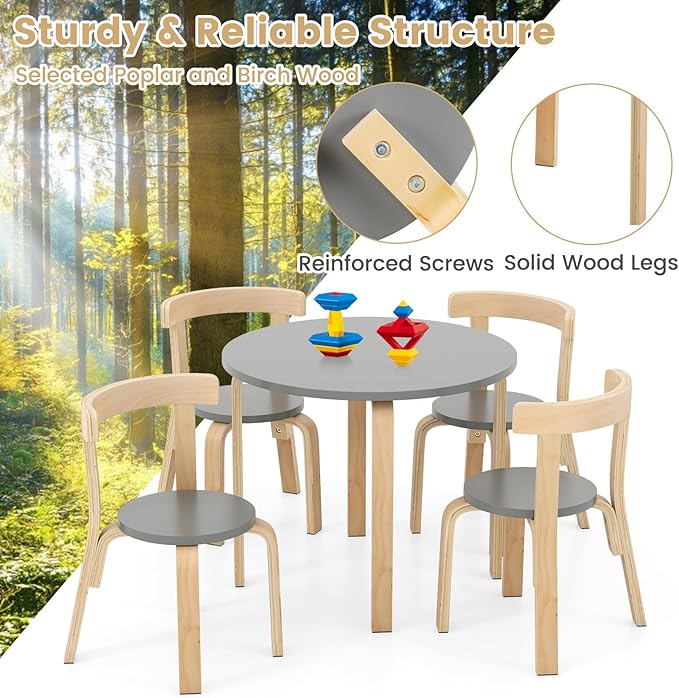 HONEY JOY Kids Table and Chair Set, Bentwood Toddler Round Table and 4 Chairs for Craft Art, Building Block, 5-Piece Children Furniture Set for Daycare, Kindergarten, Playroom (Gray)