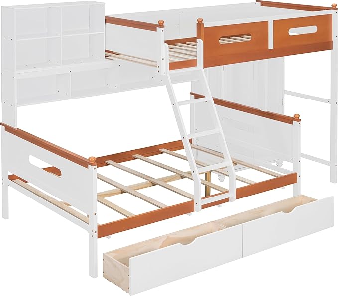 Twin Over Full Bunk Bed with Wardrobe and Drawers, Wooden Bunk Bed with Shelves and Cabinet for Kids Teens Adult Bedroom, Space Saving Design
