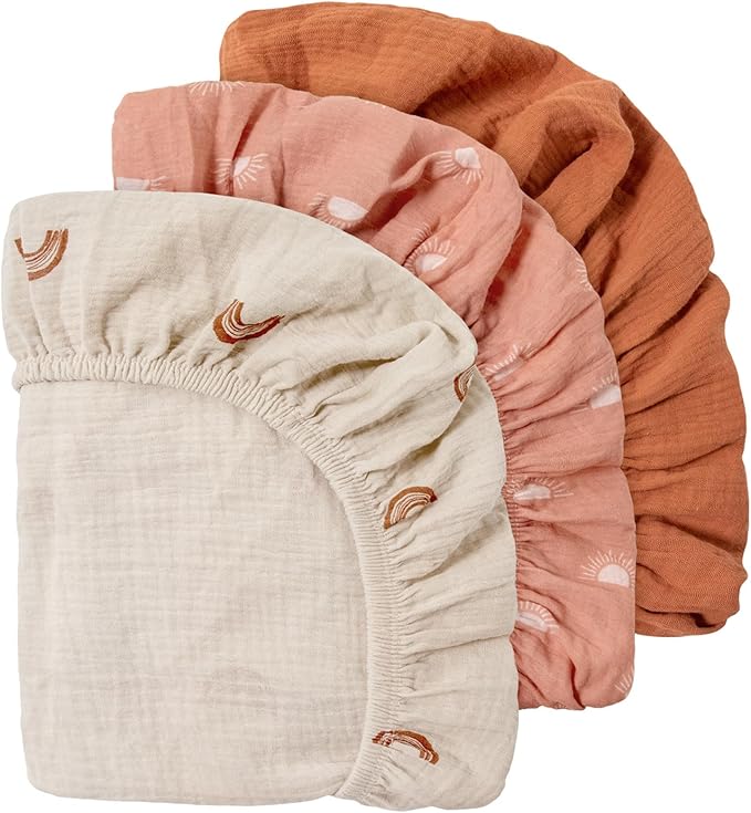Gllquen Baby Muslin Bassinet Sheets 3 Pack, Breathable Elastic Cozy Fitted Cotton Bassinet Mattress Sheet for Baby Boy Girls, Fit for Hourglass Oval Rectangular Cradle Pad Sheets 33"x17"(Rainbow)