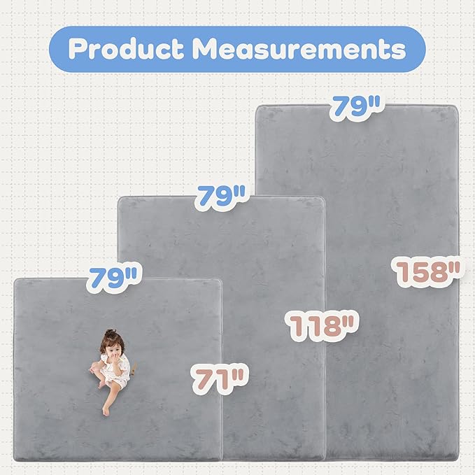 1.3" Thick Baby Floor Play Mat 79x158, Basic Padded Foam Mat for Tummy Time Crawling, Non Slip Cushioned for Babies Toddlers Infants Kids (Light Grey)