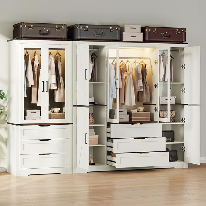 Concho 73'' Tall Farmhouse Armoire Wardrobe Closet with LED Light, Wood Wardrobe Closet Collection with 6 Doors 3 Drawers, Clothing Storage Cabinet with 8 Adjustable Shelves, Antique White