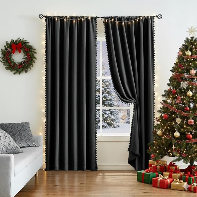 Treatmentex Black Pompom Curtains for Bedroom Living Room 95 inch Triple Weave Full Blackout Window Curtain Panels for Hotel Men's Guest Room Drapes 52" w x2 Panels Rod Pocket