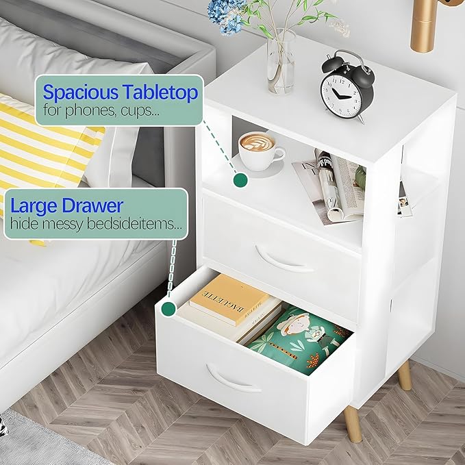 Night Stand, White Kids Nightstand with Fabric Drawers, Nursery Side Table with Open Storage, 3-Tier Modern End Table, Bedside Table for Small Space, Living Room, Bedroom