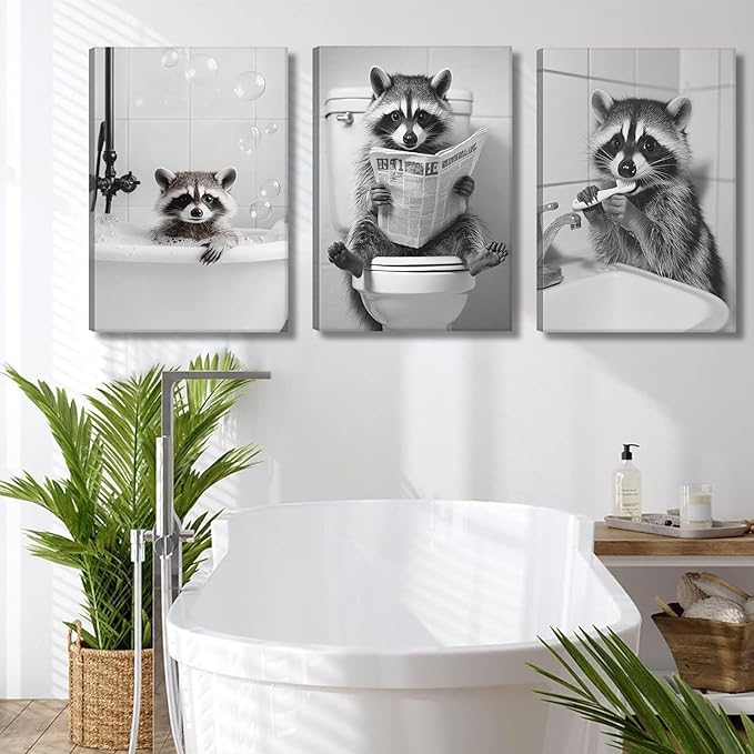 Funny Raccoon Bathroom Canvas Wall Art set of 3 Black and White Cute Raccoon Sitting on Toilet Poster Print Artwork Humor Adorable Animals Pictures Wall Decor for Washroom Restroom laundry 12x16in