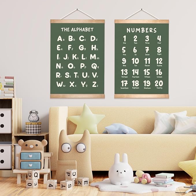 Educational Wall Art Set of 2, Numbers 1-20 and Alphabet Chart, Learning Posters for Kids,ABC Banner Poster, Banner Wall Hanging Decor for Toddler Room Playroom Nursery Wall Classroom Decor (Green)