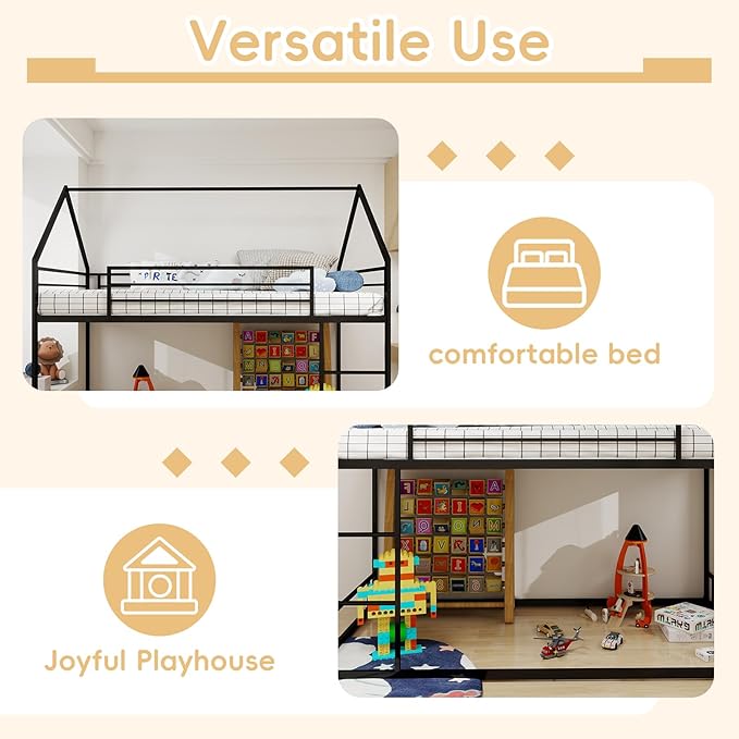 Bunk Bed Twin Over Twin, House Bunk Bed Frame with Ladder and Guardrail, House Shaped Bunk Bed Frame with Metal Slats for Girls Boys, Space Saving, No Box Spring Needed (Black)