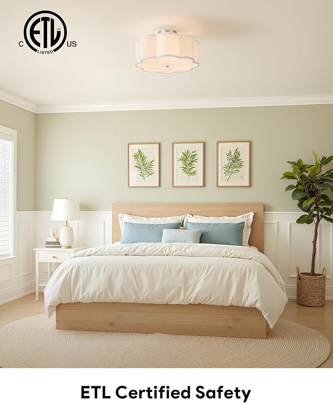 VONLUCE Semi-Flush Mount Ceiling Light, 15.7" Modern 3-Light Ceiling Light Fixture with White Petal-Shaped Shade 3 E26 Sockets for Bedroom Entryway Living Room, Nickel Finish, ETL Certificated