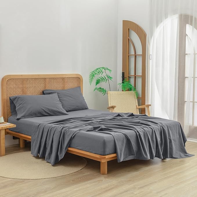 BESTOUCH Sheet Set 100% Washed Cotton Linen Feel Super Soft Comfortable Chic Lightweight 4 Pcs Home Bedding Set Solid Quiet Shade Grey Cal King