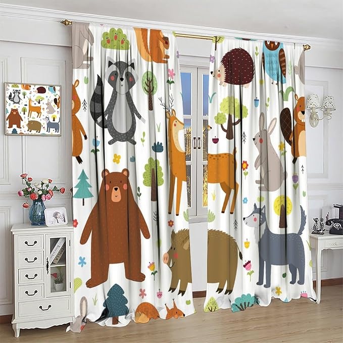 Forest Animals Kids Blackout Curtains Cartoon Cute Bear Deer Squirrel Owl Hedgehog Modern Art Print for Boys Girls Bedroom Living Room Nursery Rod Pocket Decoration Window Drapes 2 Panels W27.5xL63in
