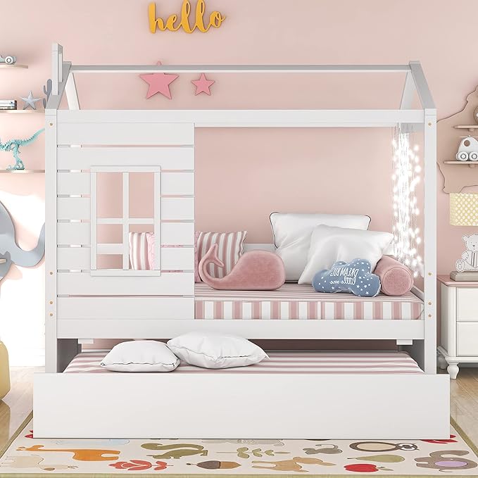 Merax Twin Size House Bed with Trundle, Twin House Shaped Bed Frame for Boys Girls, Wooden Bed Frame Twin Size with Roof, No Box Spring Needed, White