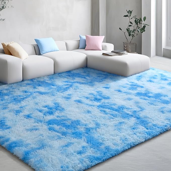 EVOIONOS Area Rug for Bedroom Living Room, Machine Washable 4x6 Fluffy Shag Rug, Soft Plush Non Slip Carpet for Indoor Floor Bedside Nursery Girls Kids Room Dorm, Home Decor Aesthetic, Tie-Dyed Blue