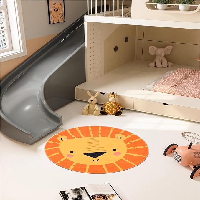 ABREEZE Kids Play Rug, 2.6ft Lion Round Area Rug, Soft Plush Non-Slip Carpet for Bedroom, Living Room, Playroom, Orange