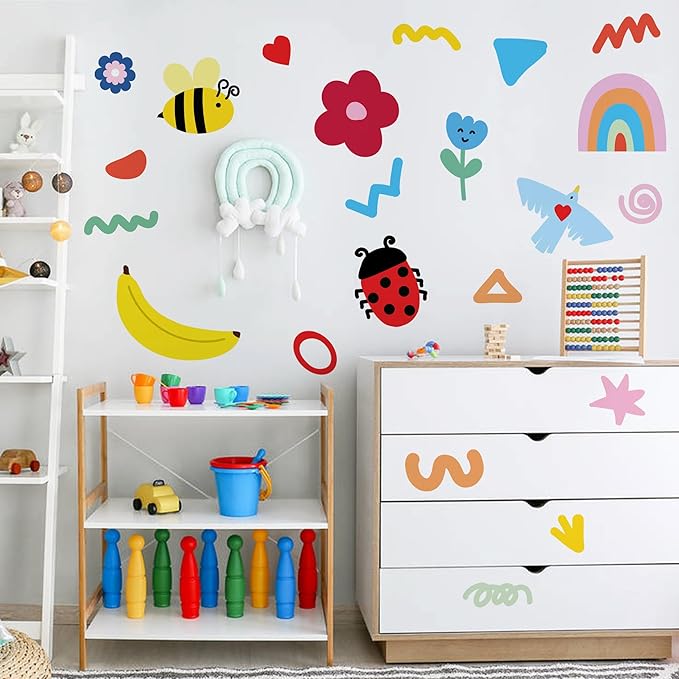 Insect Fruit Wall Decals,Watercolor Doodle Wall Stickers Decor,Peel and Stick Rainbow Flowers, Bees,Fruit Decals for Kids Bedroom Nursery Playroom Living Room and Bedroom Decoration