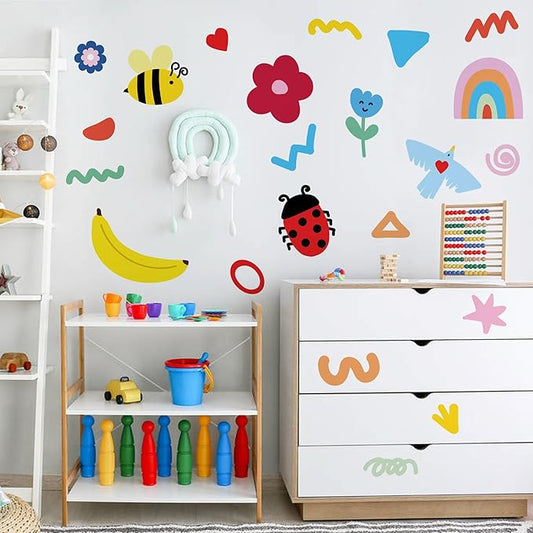 Insect Fruit Wall Decals,Watercolor Doodle Wall Stickers Decor,Peel and Stick Rainbow Flowers, Bees,Fruit Decals for Kids Bedroom Nursery Playroom Living Room and Bedroom Decoration