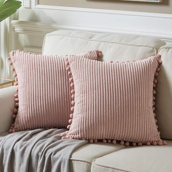Fancy Homi Pack of 2 Decorative Throw Pillow Covers 20x20 with Pom-poms, Soft Corduroy Solid Square Cushion Pillow Cases Set for Couch Sofa Bedroom Car Living Room (20x20 Inch/50x50 cm, Blush Pink)