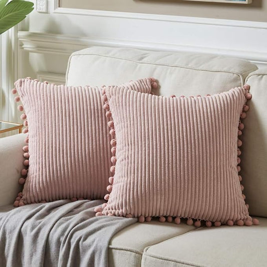 Fancy Homi Pack of 2 Boho Big Decorative Throw Pillow Covers 26 x 26 with Pom-poms, Soft Corduroy Solid Square Cushion Cases for Couch Sofa Bedroom Car Living Room (26x26 Inch/66x66 cm, Blush Pink)
