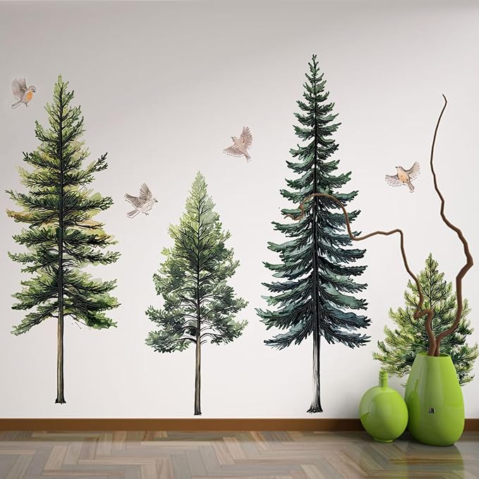 46.8" Green Pine Tree Wall Decals Large Forest Tree Wall Stickers 4 Sheets Peel and Stick Bird Wall Decal for Living Room Bedroom Nursery Kids Room Christmas Decor (Green Pine Trees)
